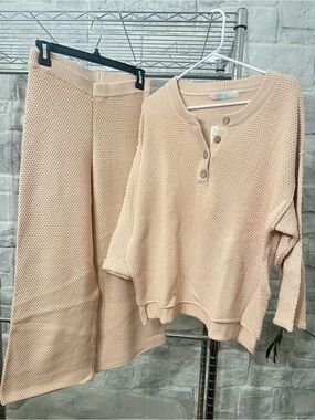 Free People Waffle-Knit Henley Sweater in Light Peach